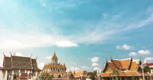 Ornate orange-roofed temple spires at Loha Prasat, Bangkok, Thailand