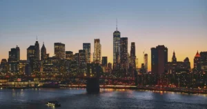 Panoramic view of the Manhattan skyline from Manhattan Bridge, New York City