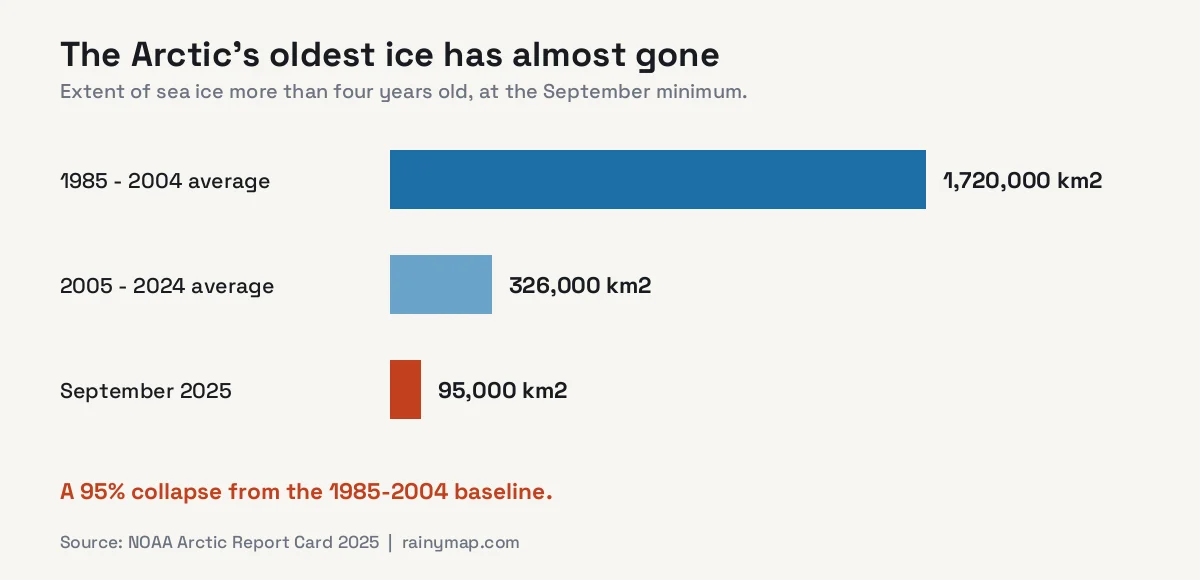 Bar chart: sea ice older than four years fell from a 1985-2004 average of 1,720,000 square kilometres to 326,000 in 2005-2024 and just 95,000 square kilometres at the September 2025 minimum, a 95 percent collapse
