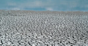 Cracked, dried earth of the Lake Velence lakebed in Hungary meeting shallow water during the record 2026 European drought