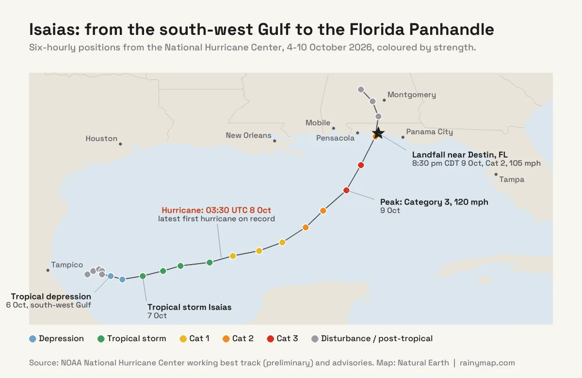 Map of Hurricane Isaias's track across the Gulf of Mexico from 4 to 10 October 2026. The storm starts as a disturbance off Tampico, Mexico, becomes a tropical depression on 6 October and a tropical storm on 7 October, turns into a hurricane at 03:30 UTC on 8 October in the central Gulf, peaks at Category 3 with 120 mph winds on 9 October south of Pensacola, and makes landfall near Destin, Florida, at 8:30 pm CDT on 9 October as a Category 2 with 105 mph winds before weakening over Alabama.
